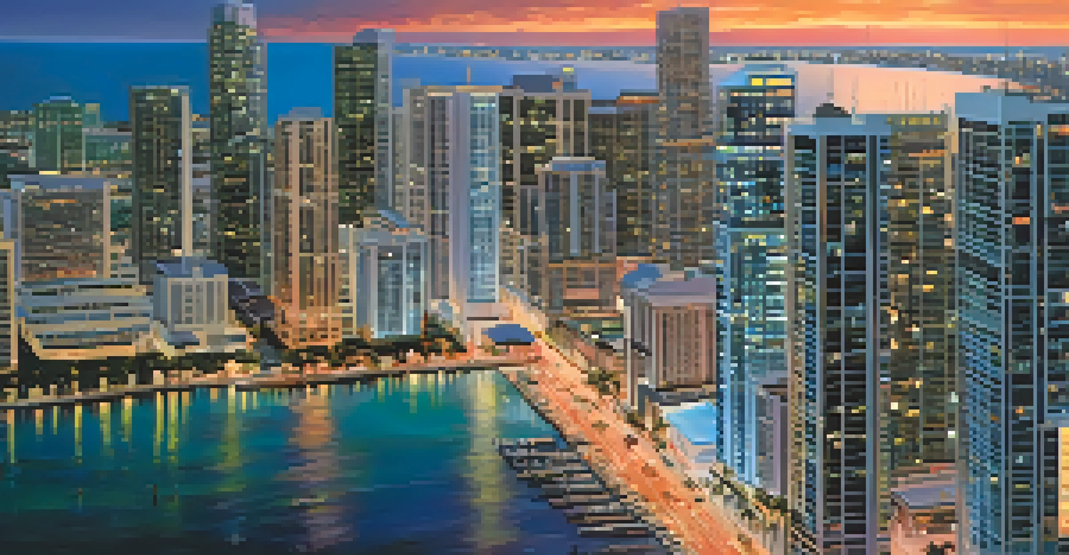 Aerial view of Miami's cityscape at dusk, featuring illuminated skyscrapers, busy streets, and the coastline under a colorful sky.