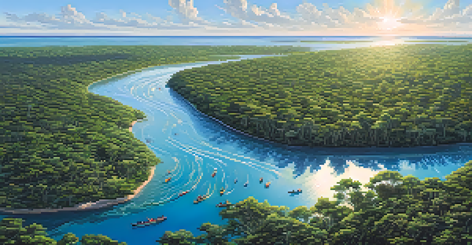 Aerial view of a coastal mangrove forest with volunteers planting native species and drones capturing wildlife images.