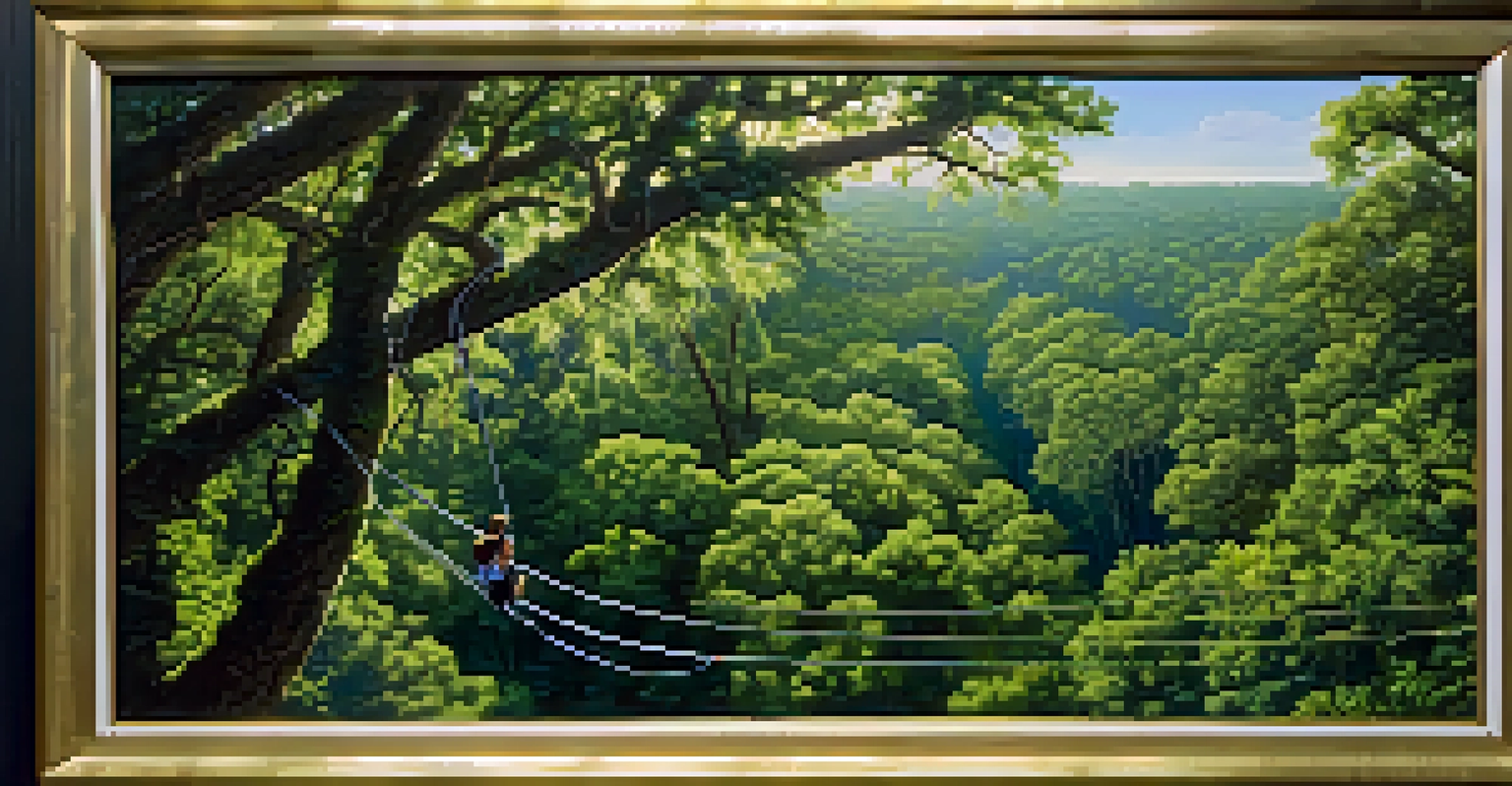 A zip liner flying through the tree canopy in a Florida forest, with sunlight streaming through the leaves.