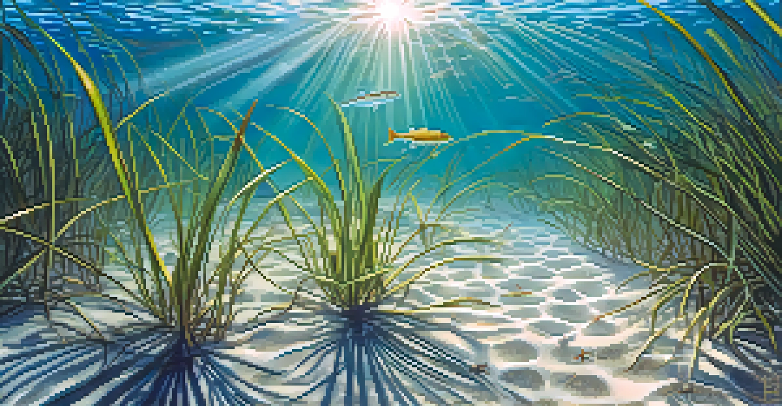 A close-up view of seagrass in clear waters, featuring small fish and a starfish.