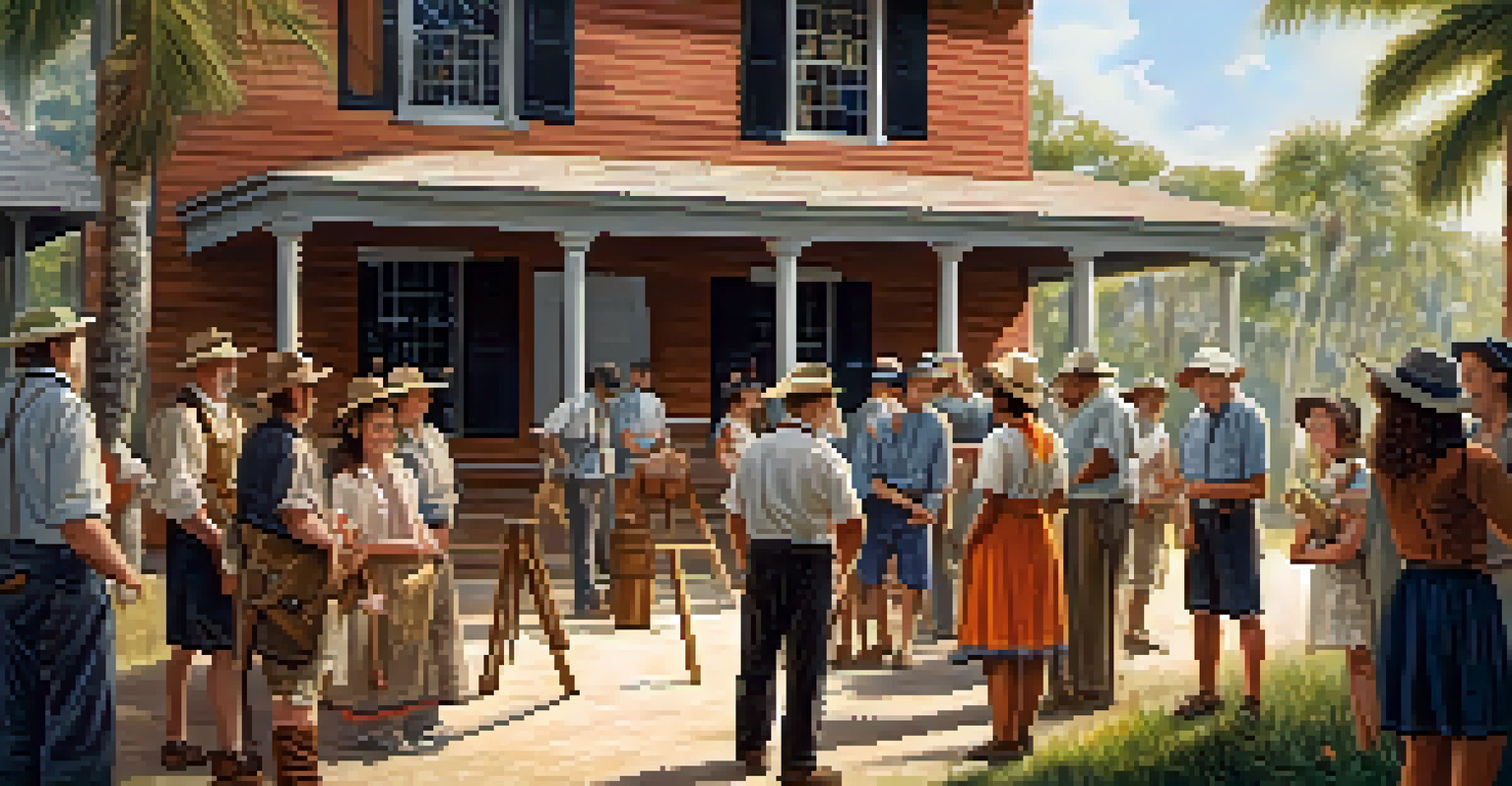 A local historian leading an educational tour at a historic site in Florida, with colonial structures and artifacts in view.