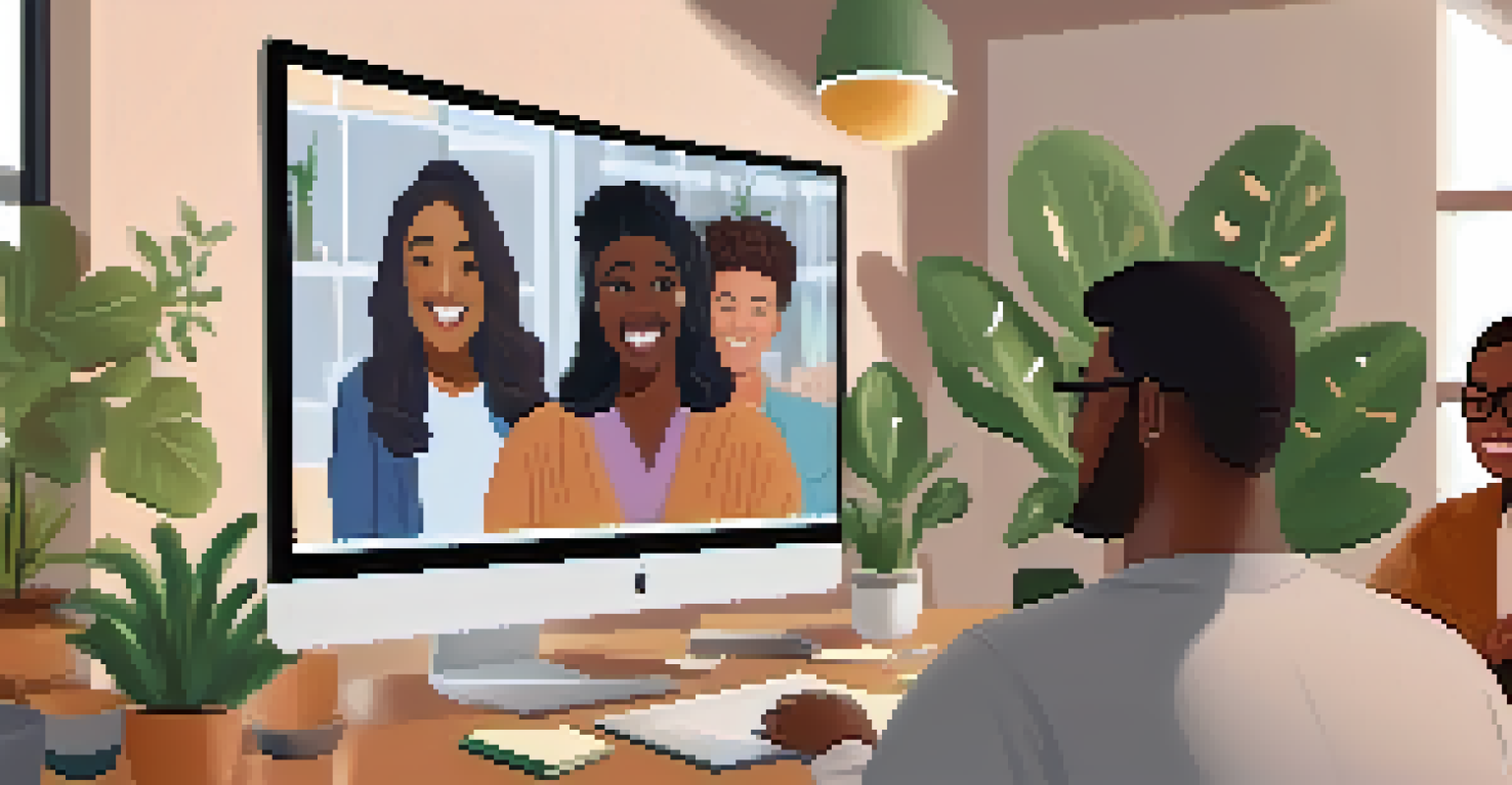 A video call showing a diverse group of people smiling and discussing mental health in a cozy virtual support group setting.