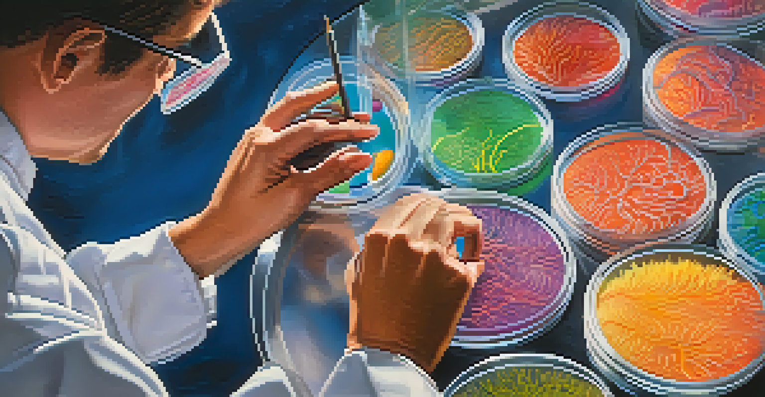 Close-up of a scientist's hands delicately handling a petri dish with colorful bacteria cultures, showcasing the beauty of scientific research.