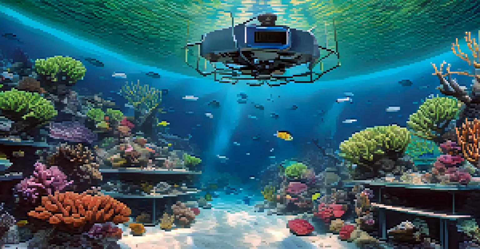 An underwater scene depicting a drone surveying a damaged coral reef, with 3D printed structures nearby, showcasing the use of technology in coral restoration efforts.