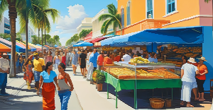 A colorful market scene in Miami with diverse people and stalls selling Latin American foods under a bright sky.