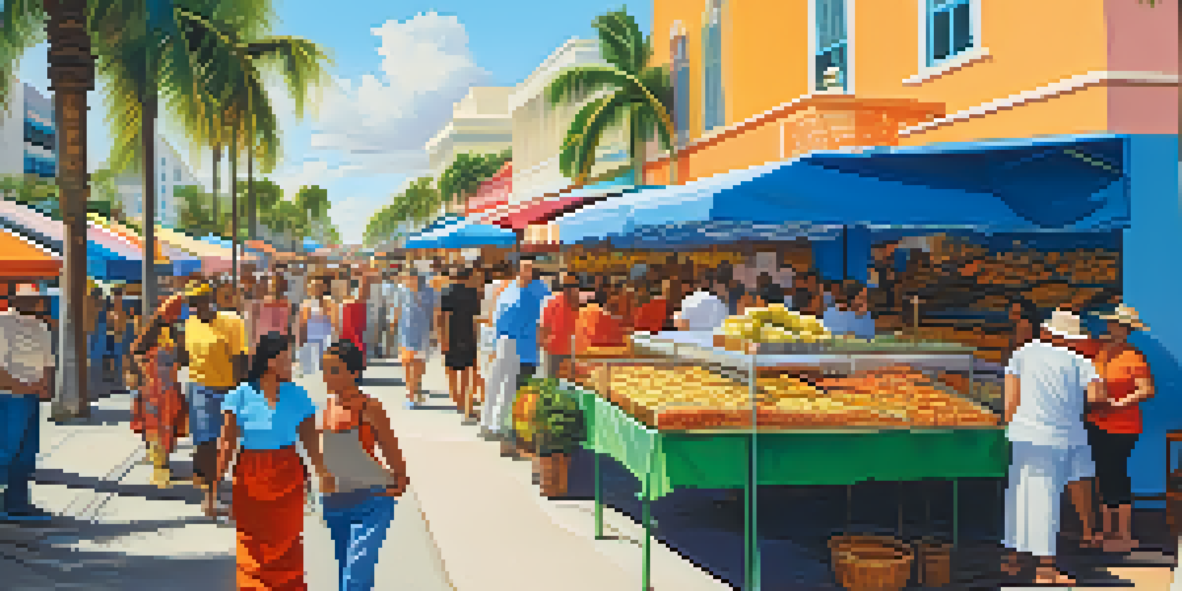 A colorful market scene in Miami with diverse people and stalls selling Latin American foods under a bright sky.