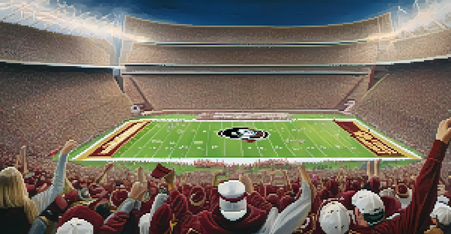 Excited fans at a Florida State Seminoles football game, cheering in a packed stadium under bright lights.