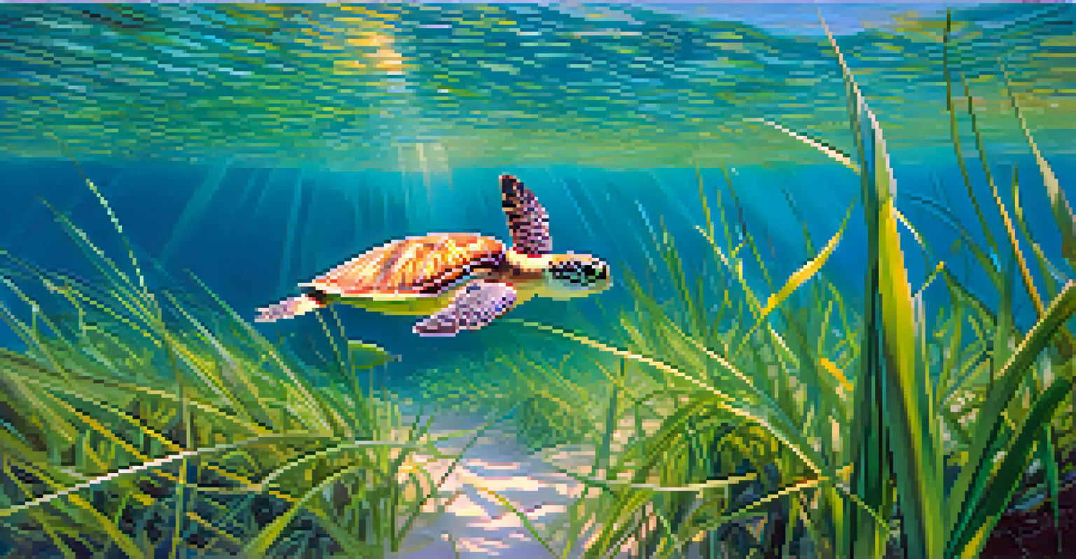 A clear underwater view of a seagrass bed in Florida, featuring a sea turtle and small fish.