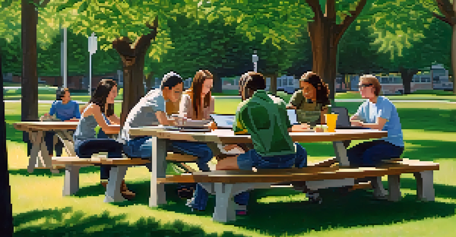 Adult learners working together on laptops at a sunny park, discussing skills-based education.