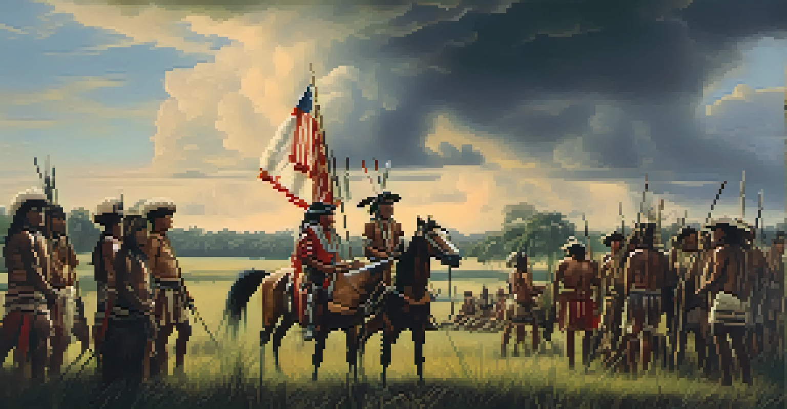 A Seminole warrior stands defiantly in the foreground while European settlers establish a plantation in the background, under a sky filled with ominous clouds, symbolizing tension.