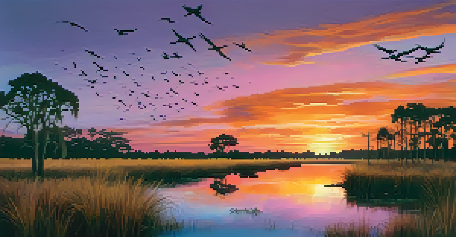 A breathtaking sunset over the Everglades with colorful skies, silhouetted grasses, and flying migratory birds.