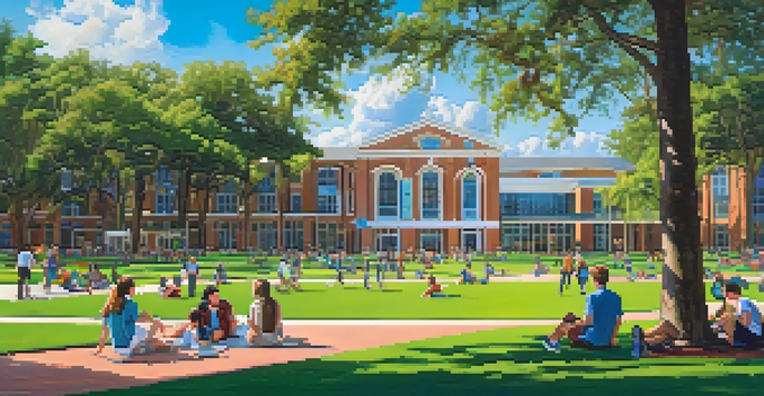 A lively university campus with students interacting on a sunny day, surrounded by greenery and modern buildings.