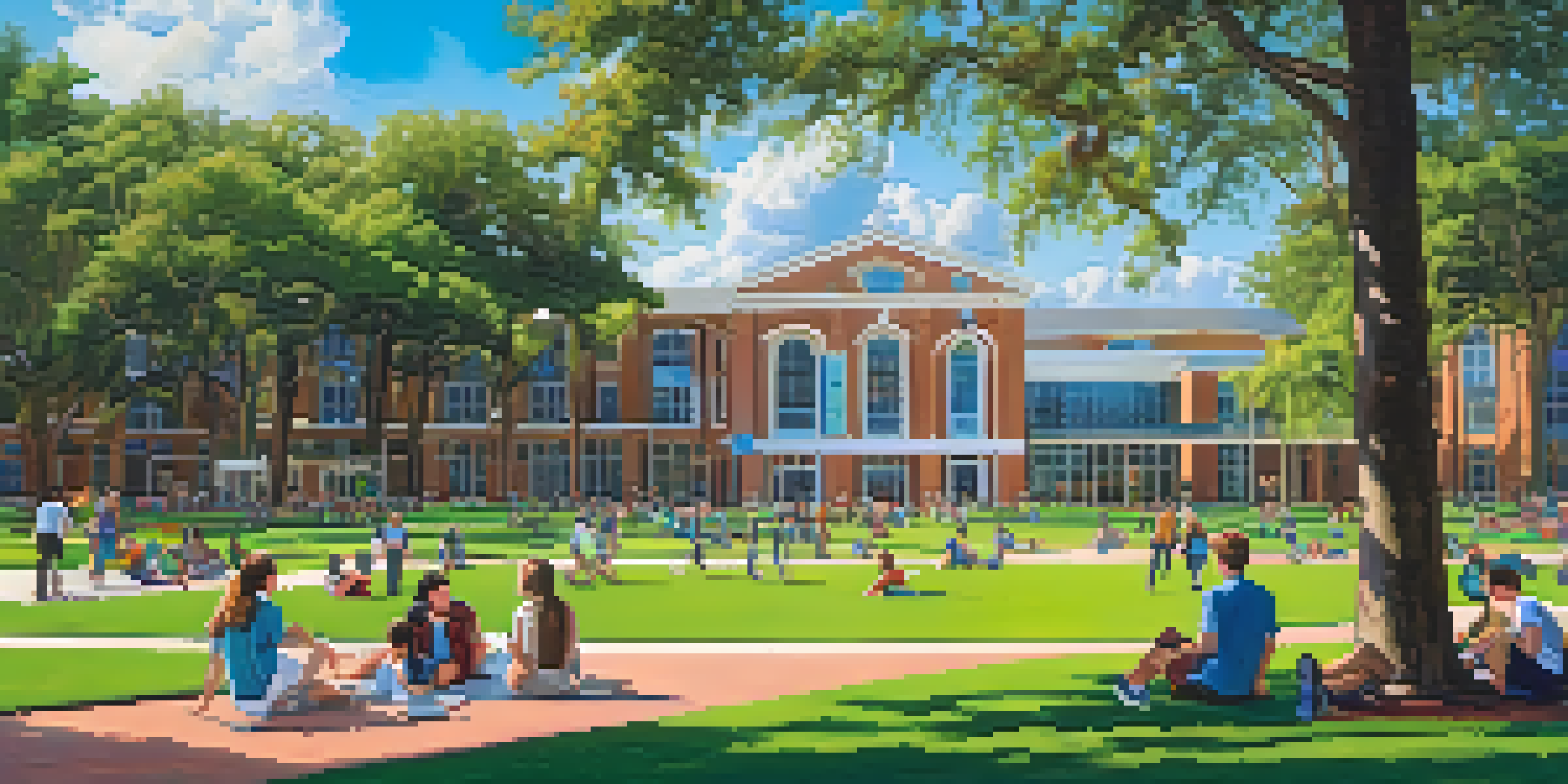 A lively university campus with students interacting on a sunny day, surrounded by greenery and modern buildings.