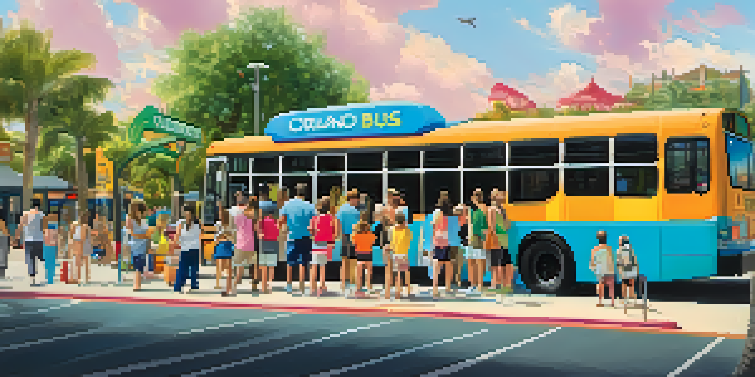 A busy bus stop in Orlando with families and tourists waiting for the Lynx bus in a sunny environment.