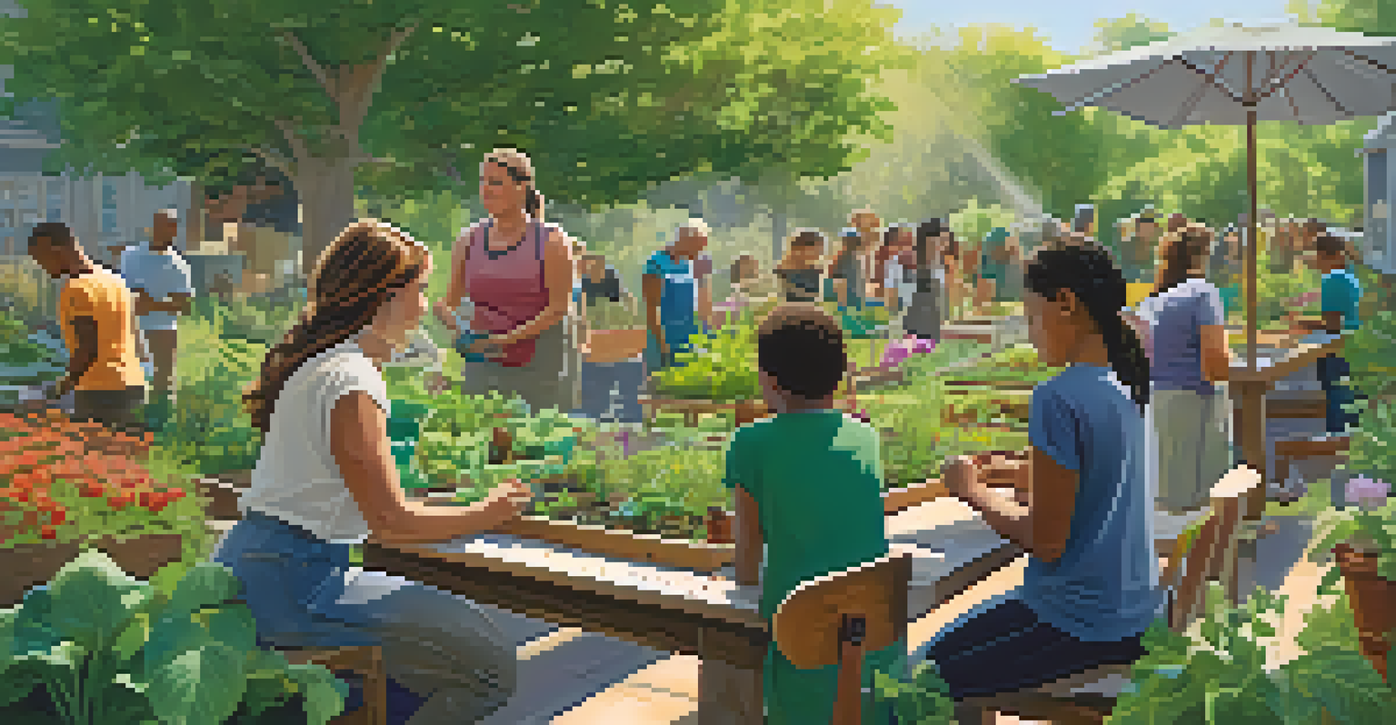 Participants engaged in a gardening workshop amidst flourishing plants and tables filled with gardening tools and seed packets.