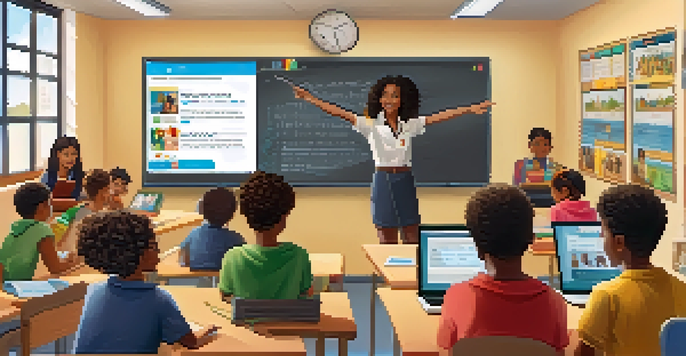 A colorful classroom with diverse students participating in online learning, with a teacher guiding them via a digital screen.
