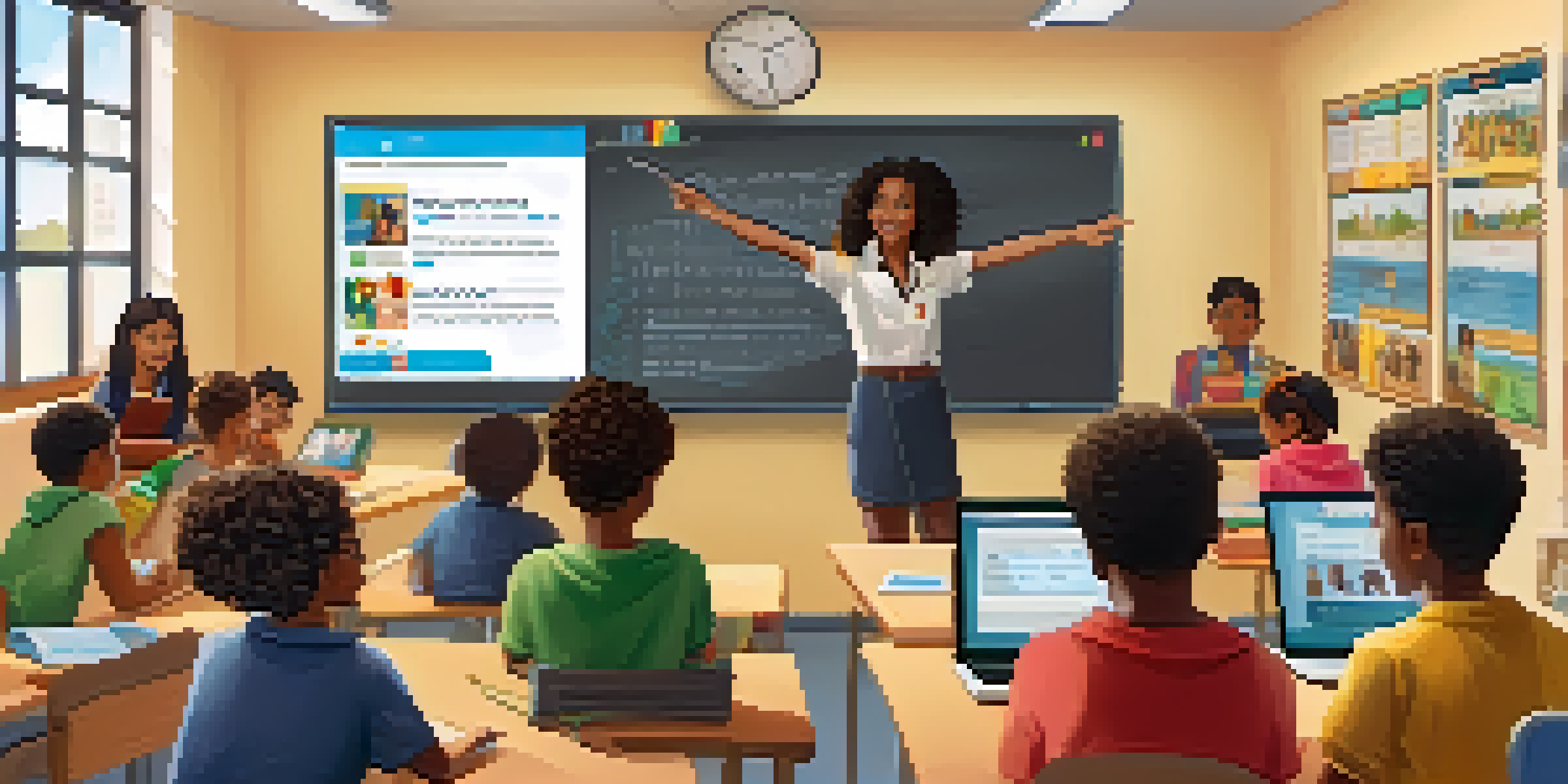 A colorful classroom with diverse students participating in online learning, with a teacher guiding them via a digital screen.