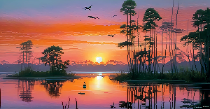 A sunset view of the Everglades with wetlands and silhouetted cypress trees, featuring alligators along the water's edge.