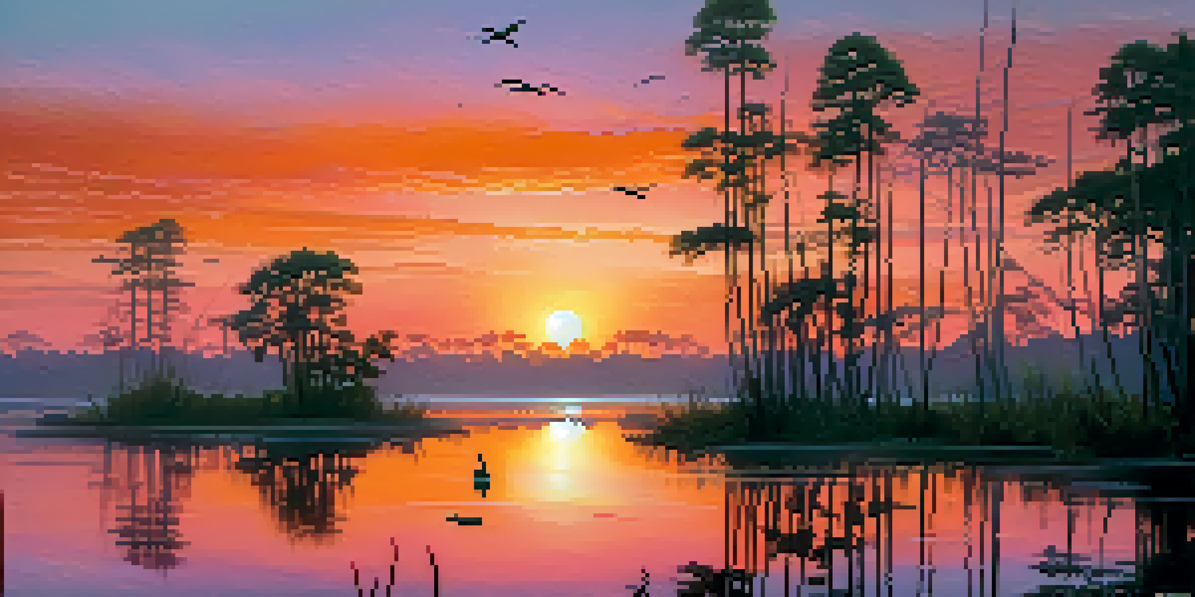 A sunset view of the Everglades with wetlands and silhouetted cypress trees, featuring alligators along the water's edge.