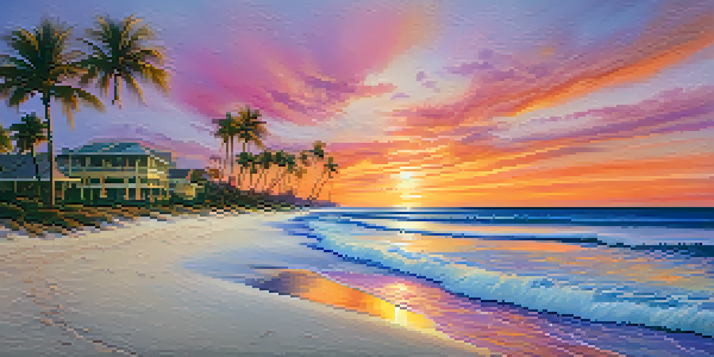 A scenic sunset over Florida's coastline with colorful skies, sandy beach, and palm trees.