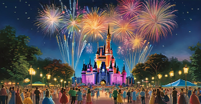 A nighttime view of Cinderella Castle at Walt Disney World Resort with colorful fireworks in the sky and families enjoying the scene in the foreground.