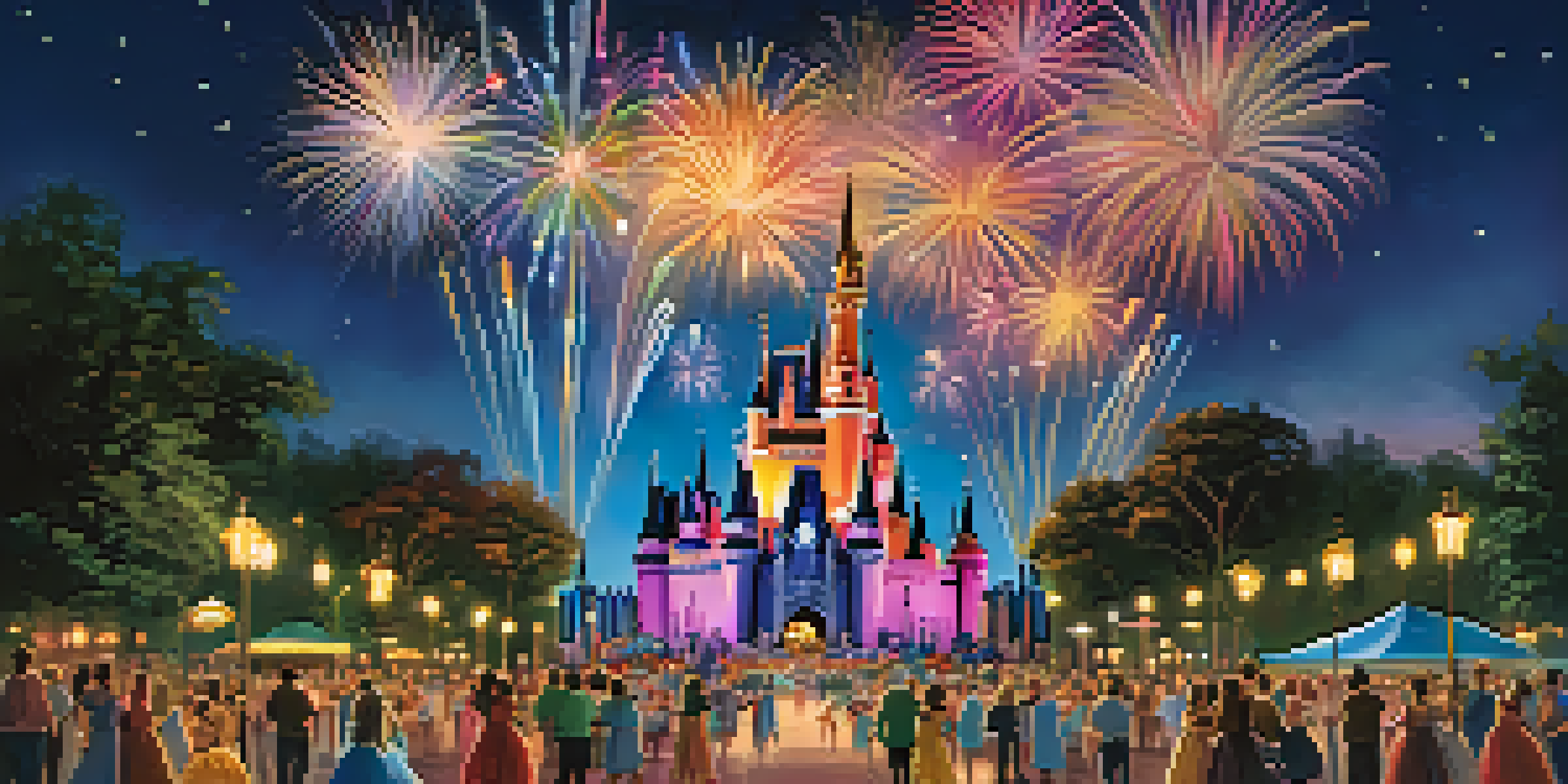 A nighttime view of Cinderella Castle at Walt Disney World Resort with colorful fireworks in the sky and families enjoying the scene in the foreground.