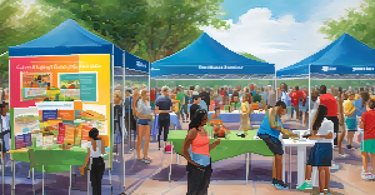 A health fair at a sports event with booths offering health information, screenings, and fitness demonstrations, attended by diverse participants enjoying nutritious snacks.