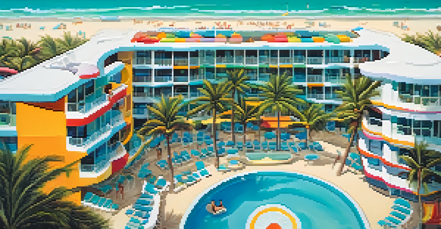 Aerial view of a colorful Miami Beach hotel with playful curves on the beach, surrounded by sunbathers and turquoise ocean waters.