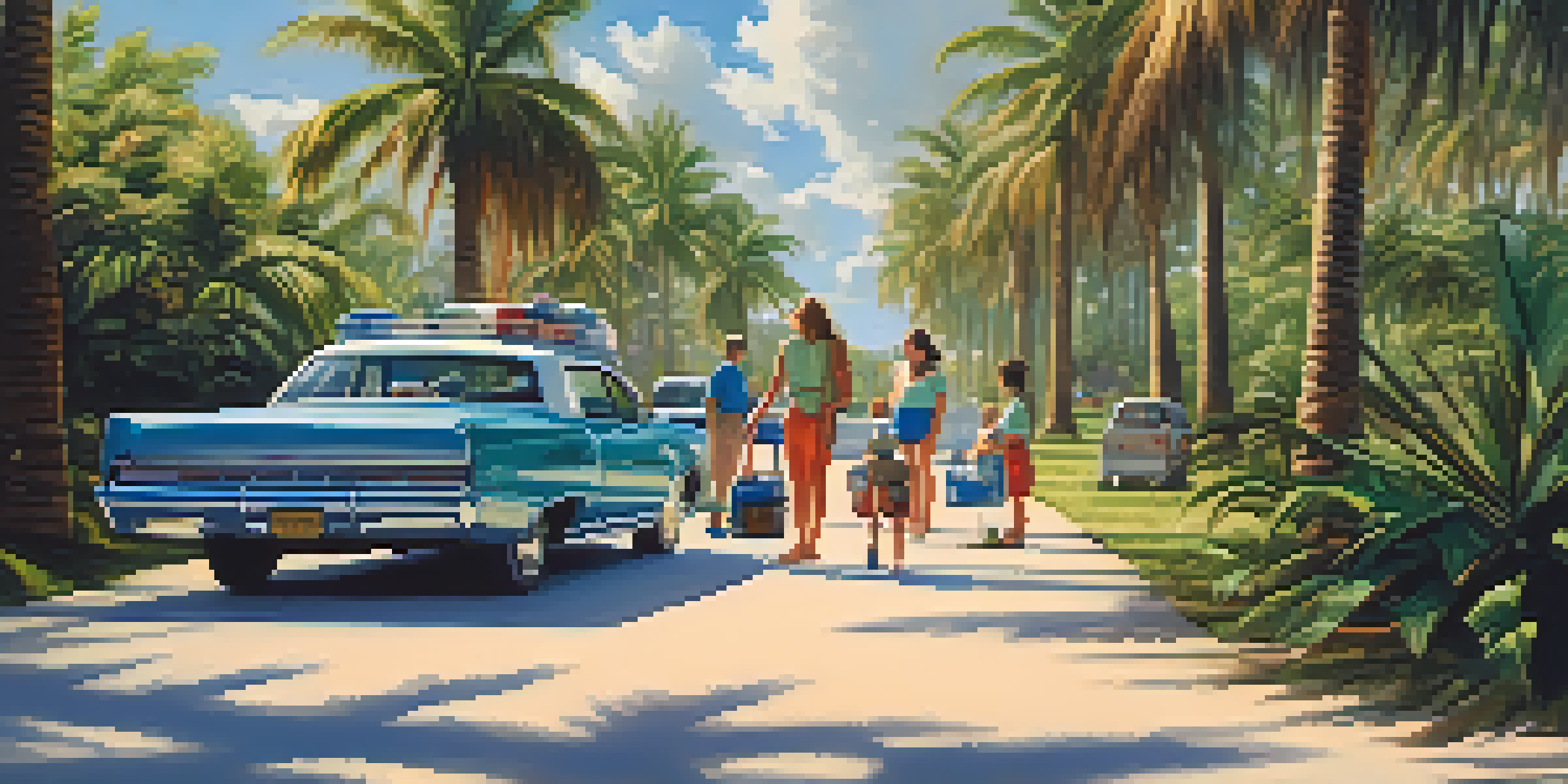 A family packing their car with emergency supplies in a sunny Florida landscape with palm trees.