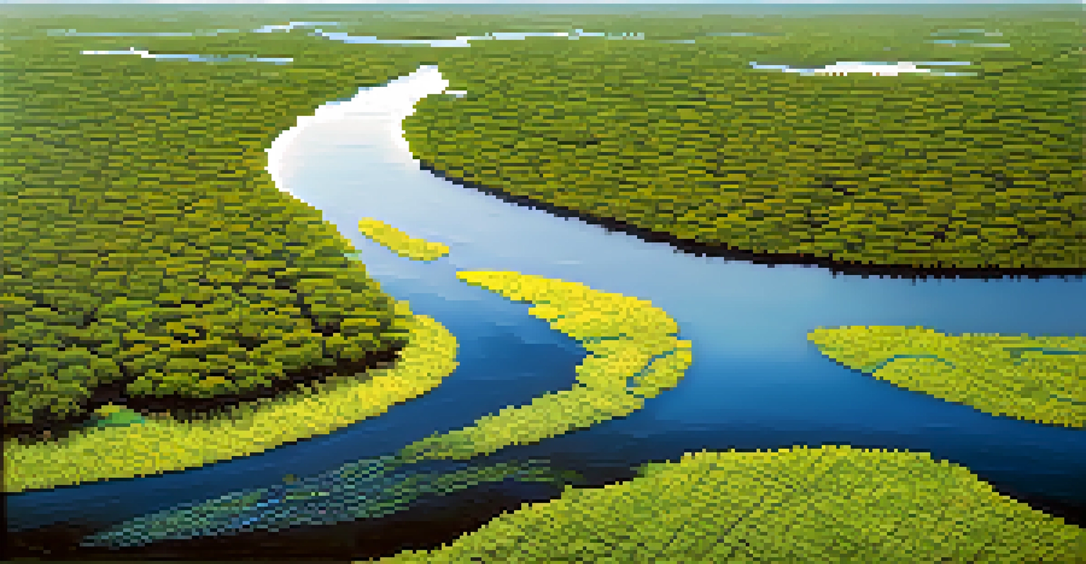 Aerial view of the Everglades National Park with lush greenery and a winding waterway.