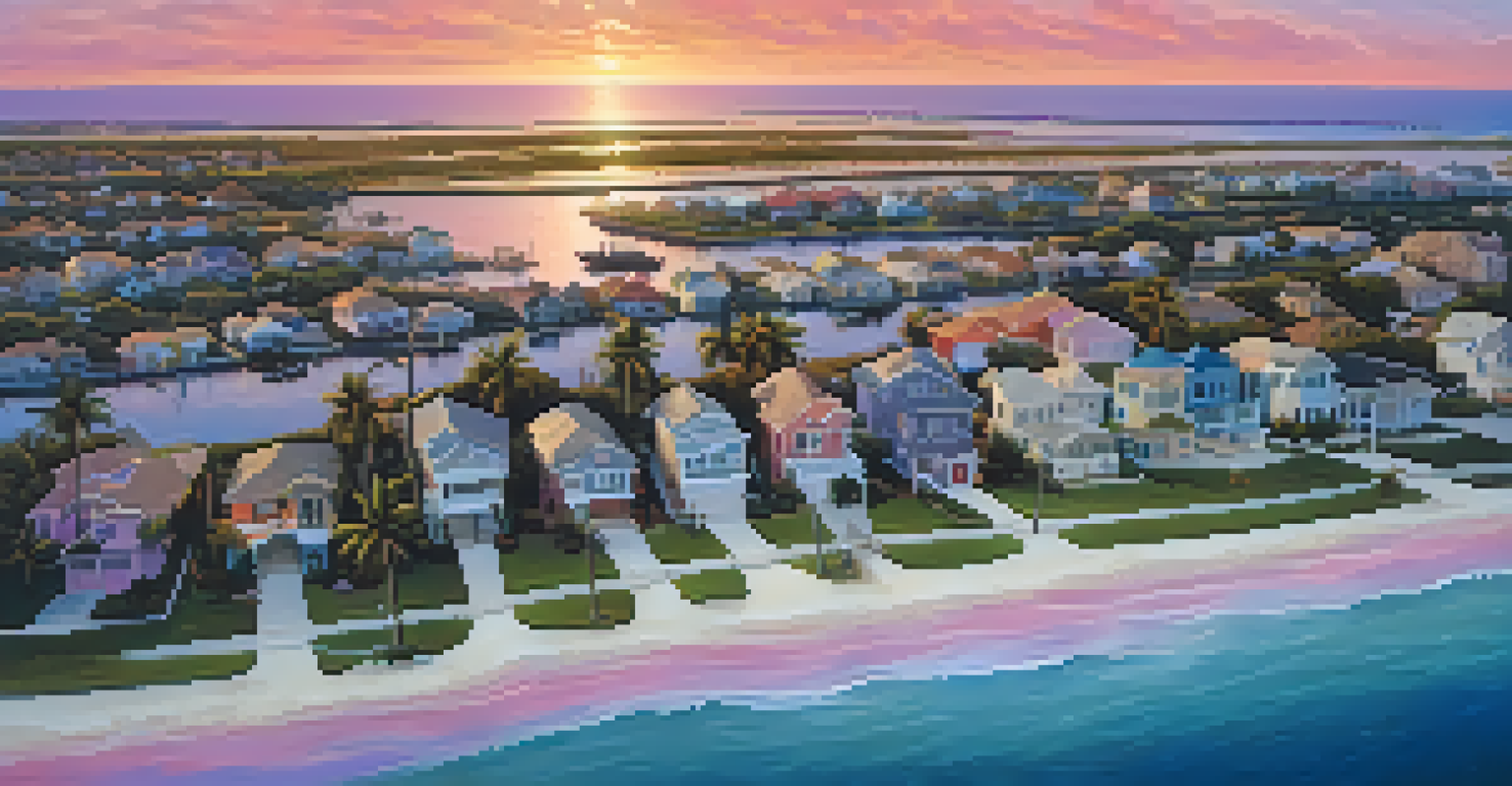 An aerial view of a coastal neighborhood in Florida at sunset, showing rising sea levels.