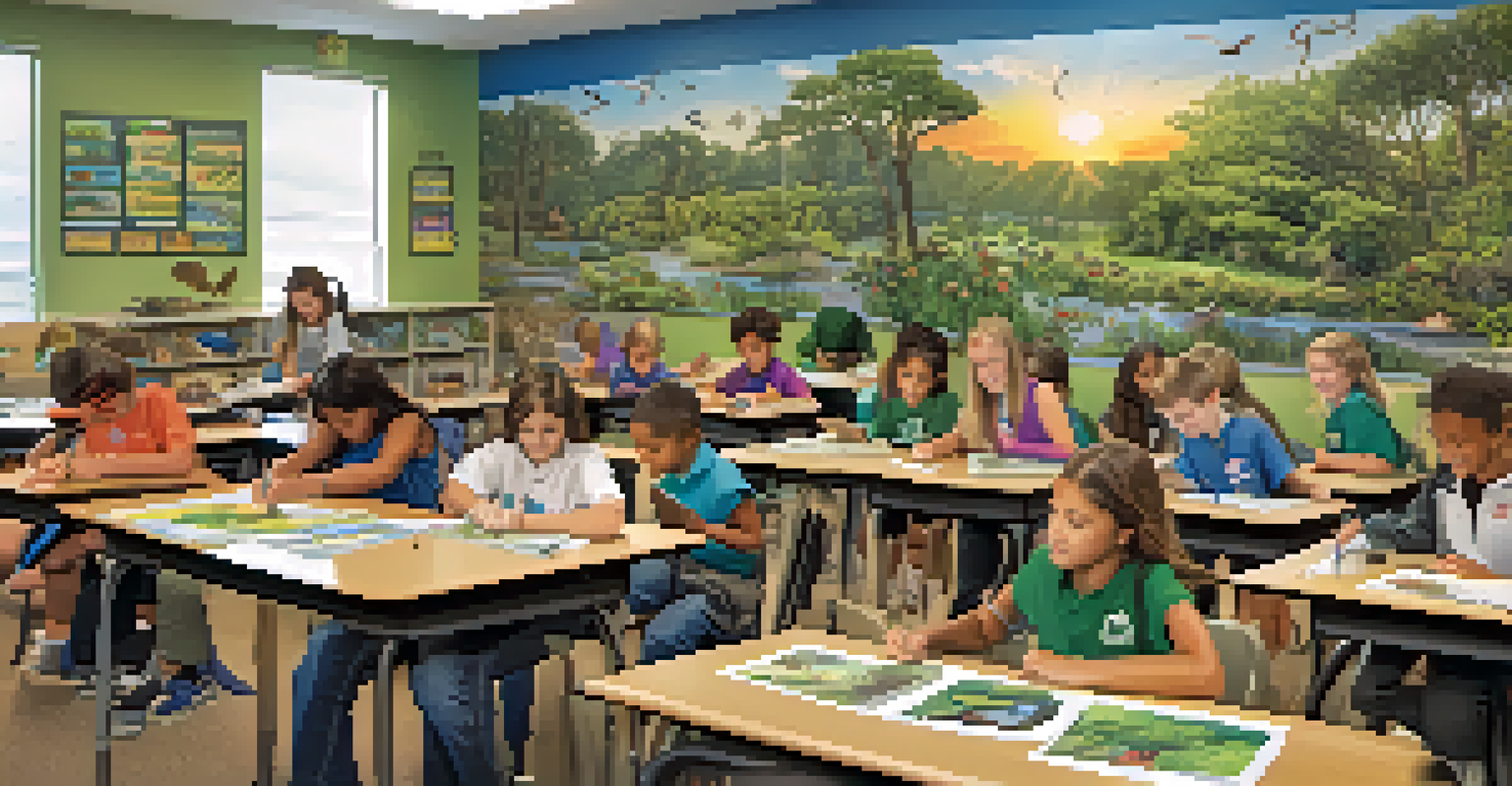 Students in a classroom participating in wildlife conservation activities, planting native flowers, with educational posters in the background.