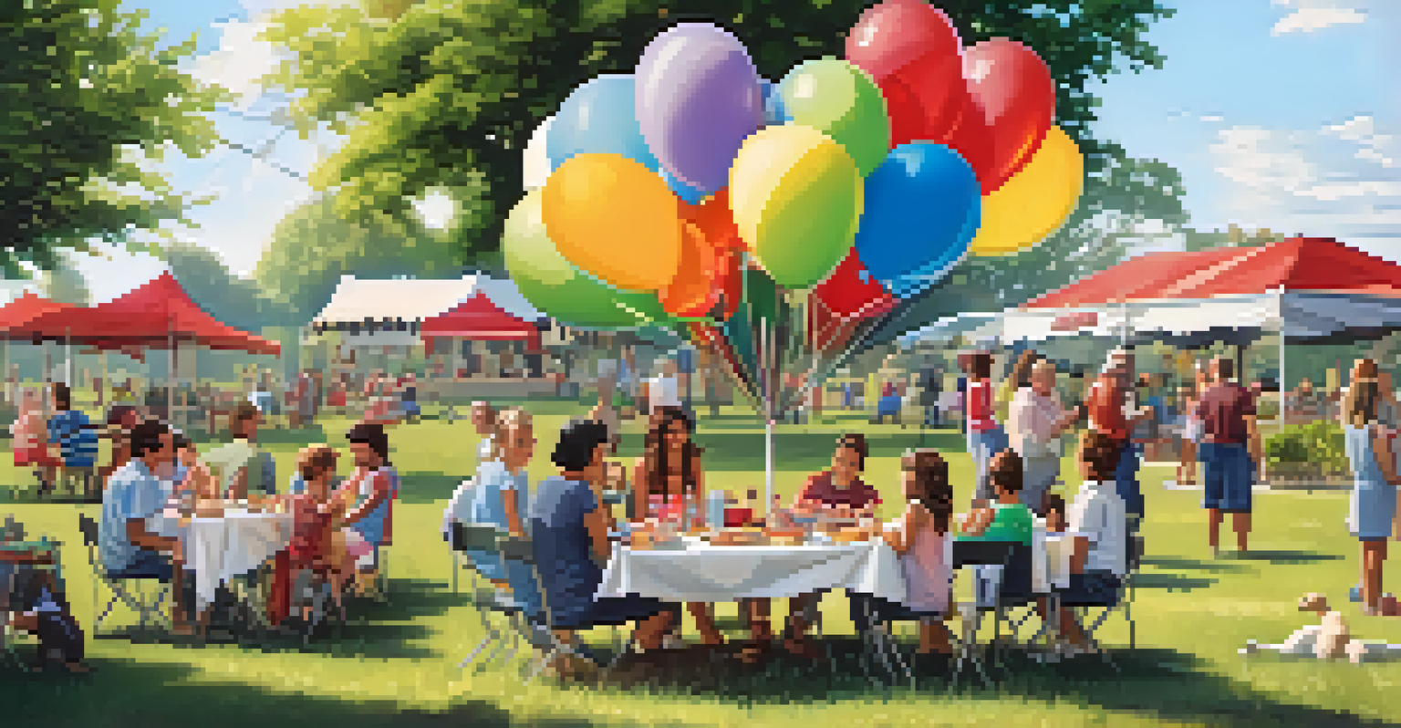 A community picnic with families enjoying food and children playing games in a festive setting.