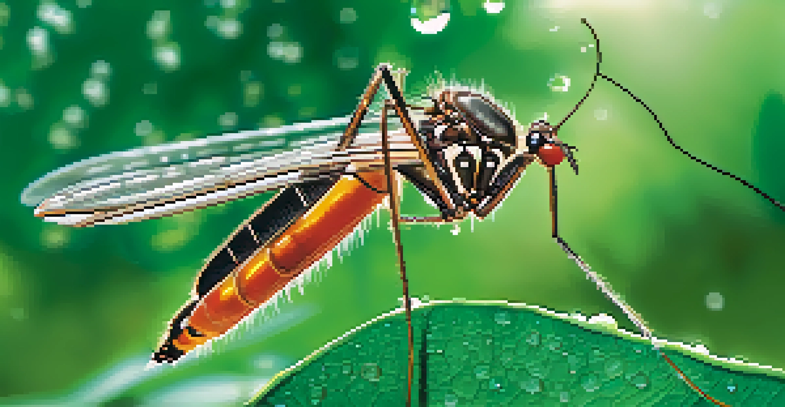 A detailed close-up of a mosquito on a leaf in a tropical landscape, highlighting the challenges of mosquito-borne diseases.