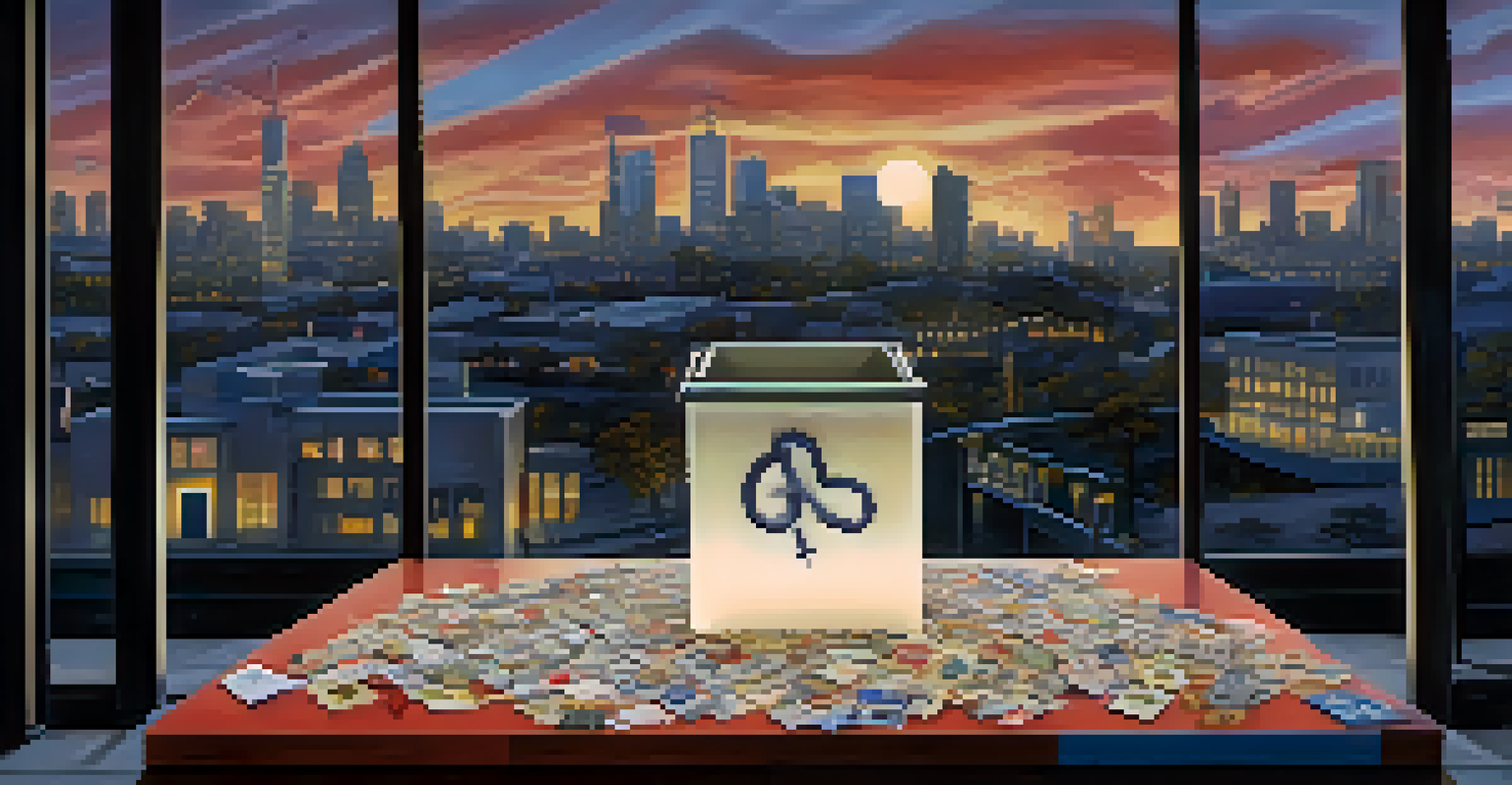 A ballot box surrounded by symbols of key political issues, set against a blurred urban landscape at dusk, highlighting the role of independent voters.