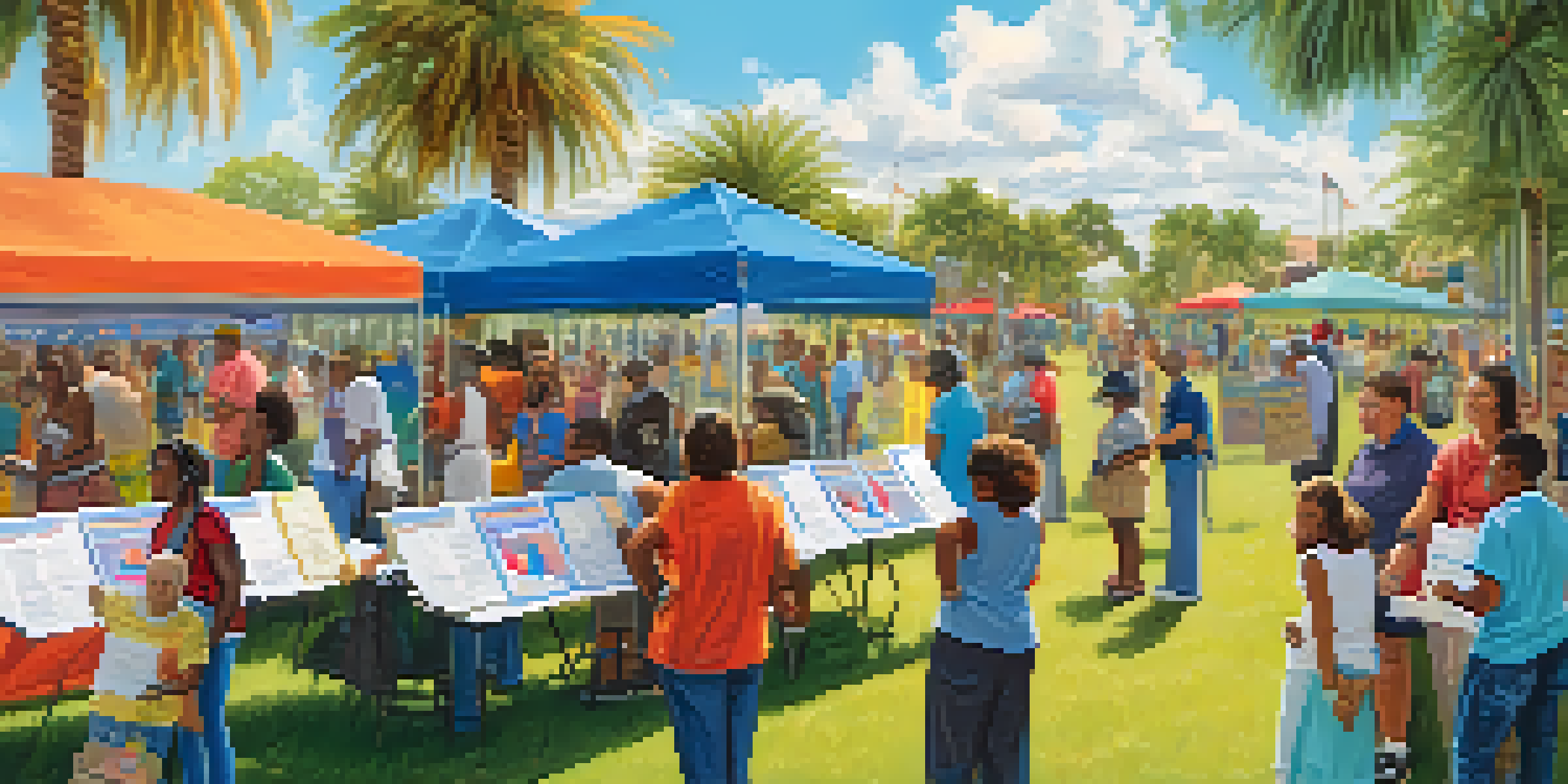 A diverse group of people at a community voting event in a park, engaging in discussions and casting ballots with palm trees in the background.