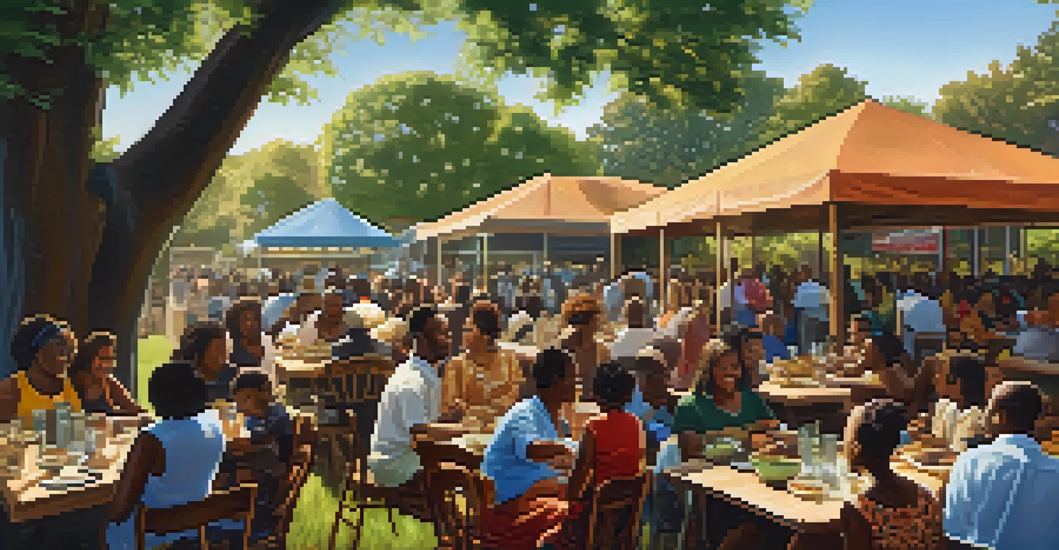 A communal feast with traditional African American dishes, where families and friends gather under trees, sharing laughter and stories.