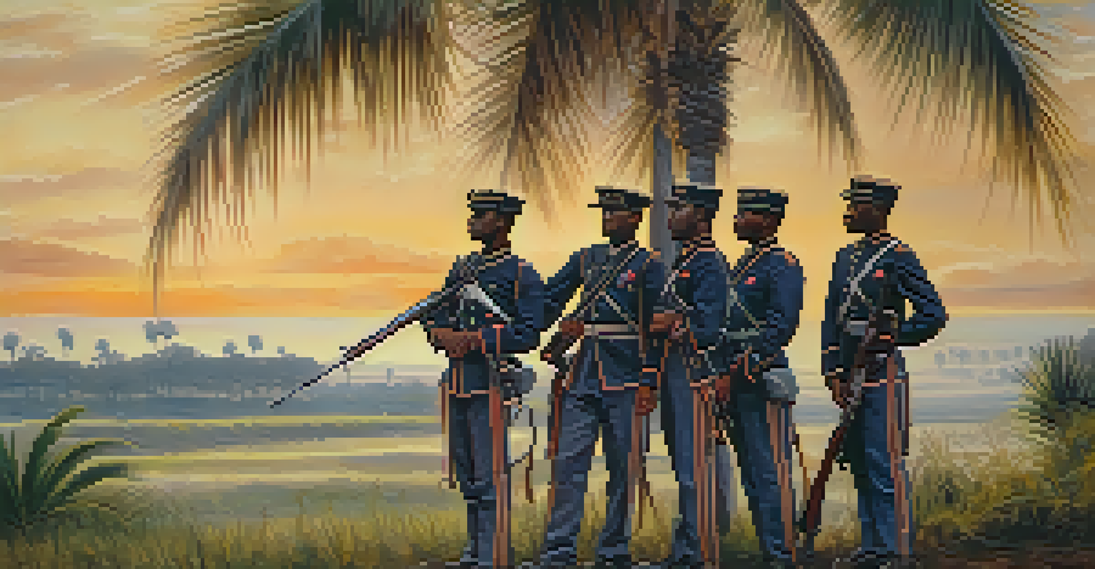 A group of African American soldiers in Union uniforms posing in a Florida landscape, with a Civil War-era fort in the background.