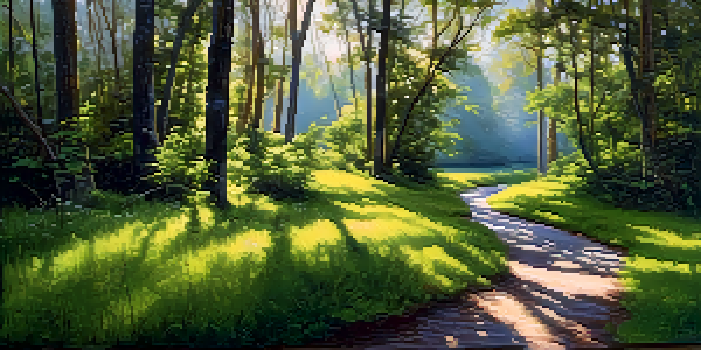 A winding trail through a lush forest in Florida with sunlight filtering through the trees and wildflowers along the path.
