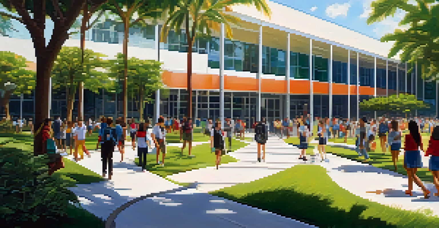 A university campus in Florida with modern buildings and diverse students walking and collaborating, under bright sunlight and surrounded by greenery.