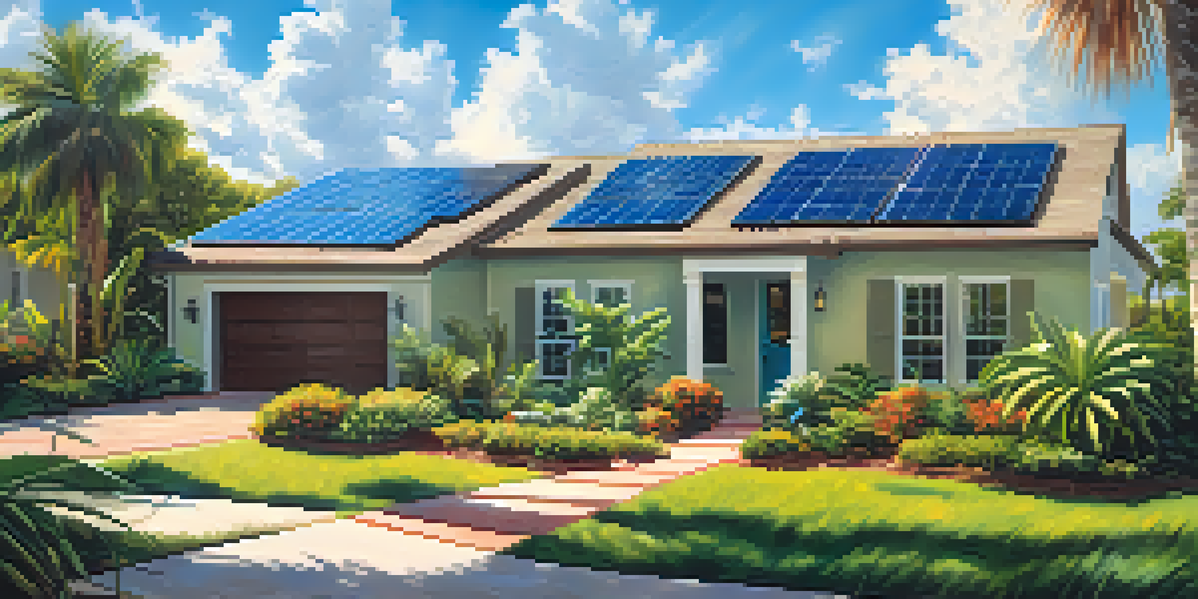 A sunny Florida neighborhood with solar panels on rooftops and a lush garden, under a bright blue sky.