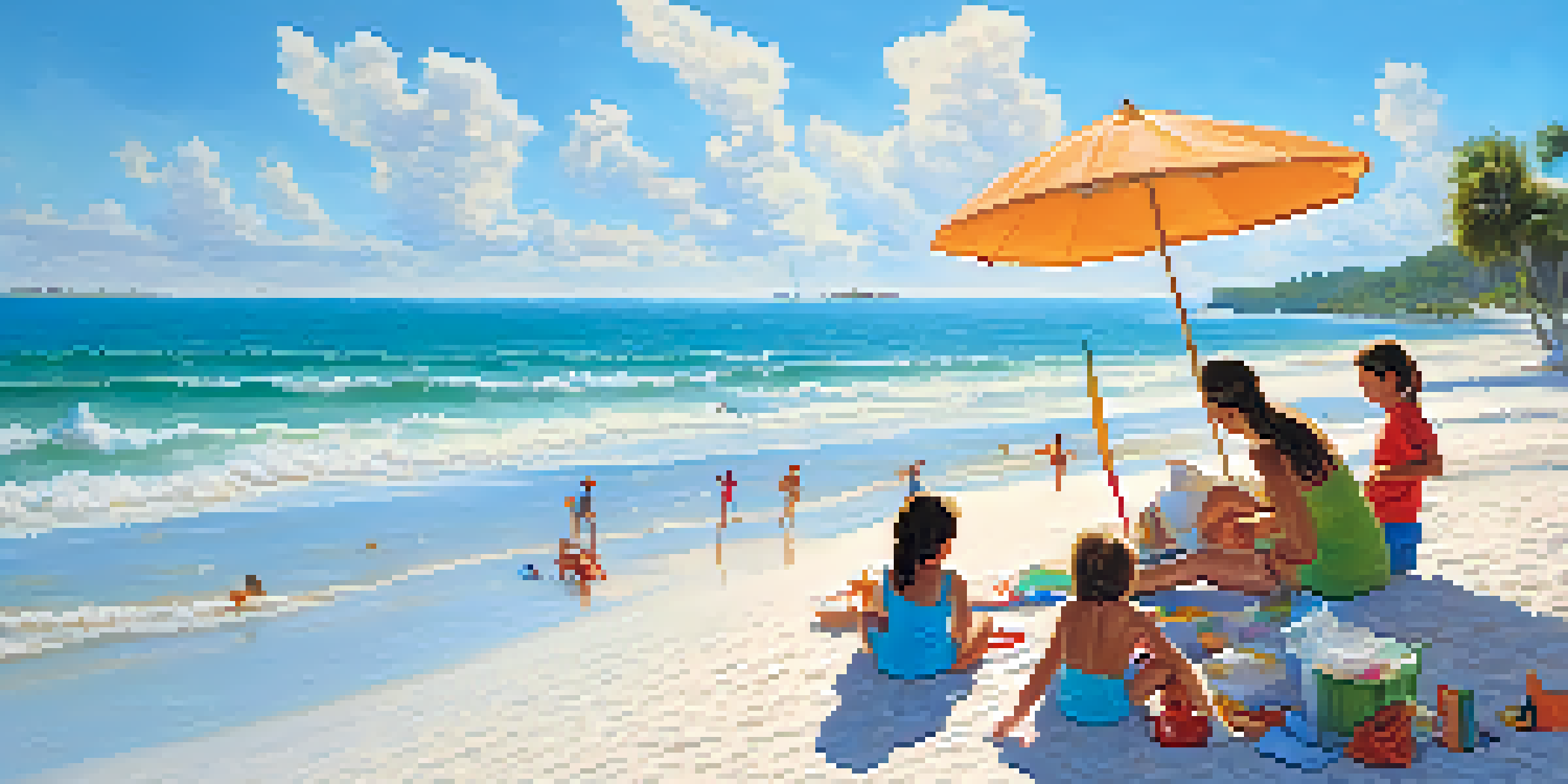 A family spending time at a sunny Florida beach with turquoise waters and soft white sand, enjoying leisurely activities.