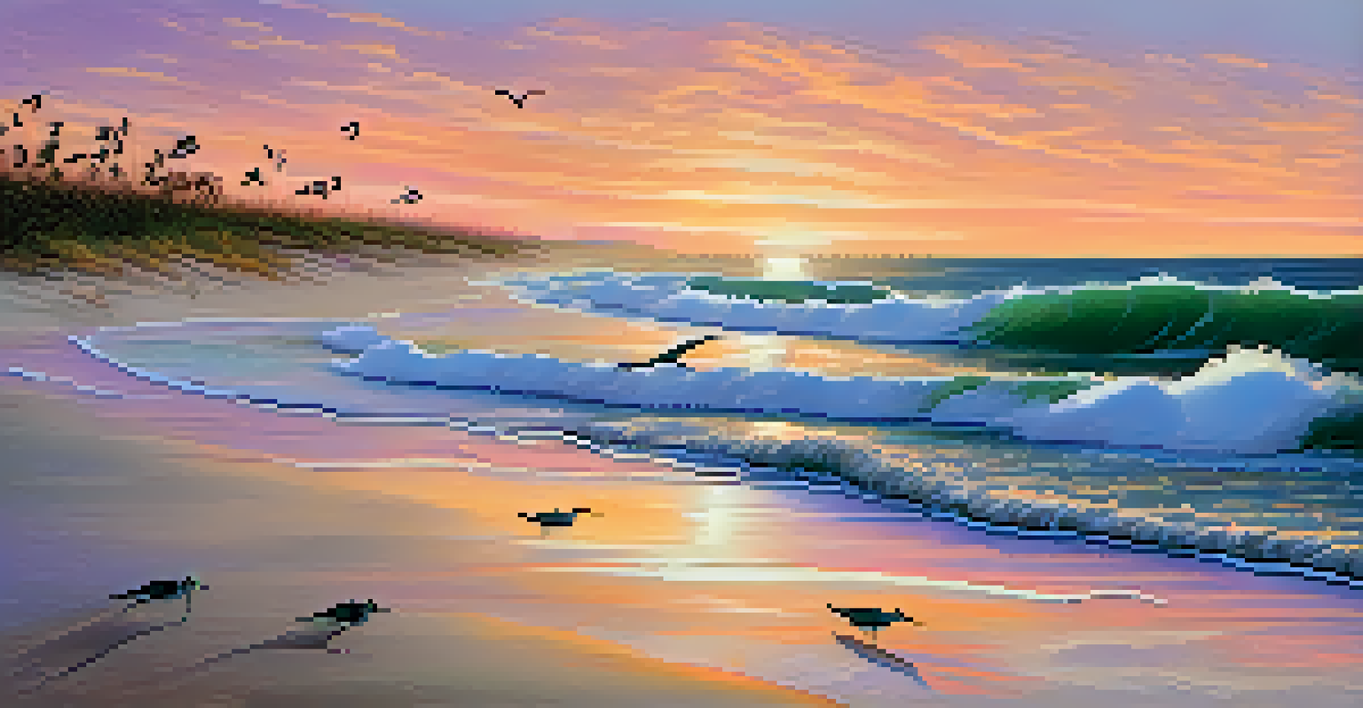 Sunset beach scene with sandy shores, native sea oats, and silhouettes of shorebirds flying against an orange and pink sky.
