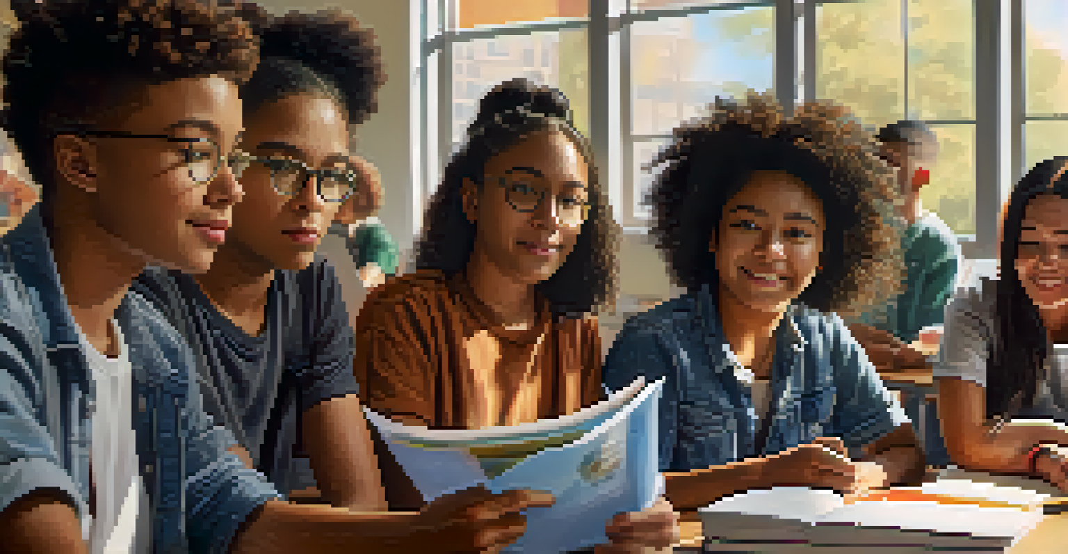 A diverse group of students engaged in a classroom discussion about social issues, with educational materials and natural light enhancing the scene.