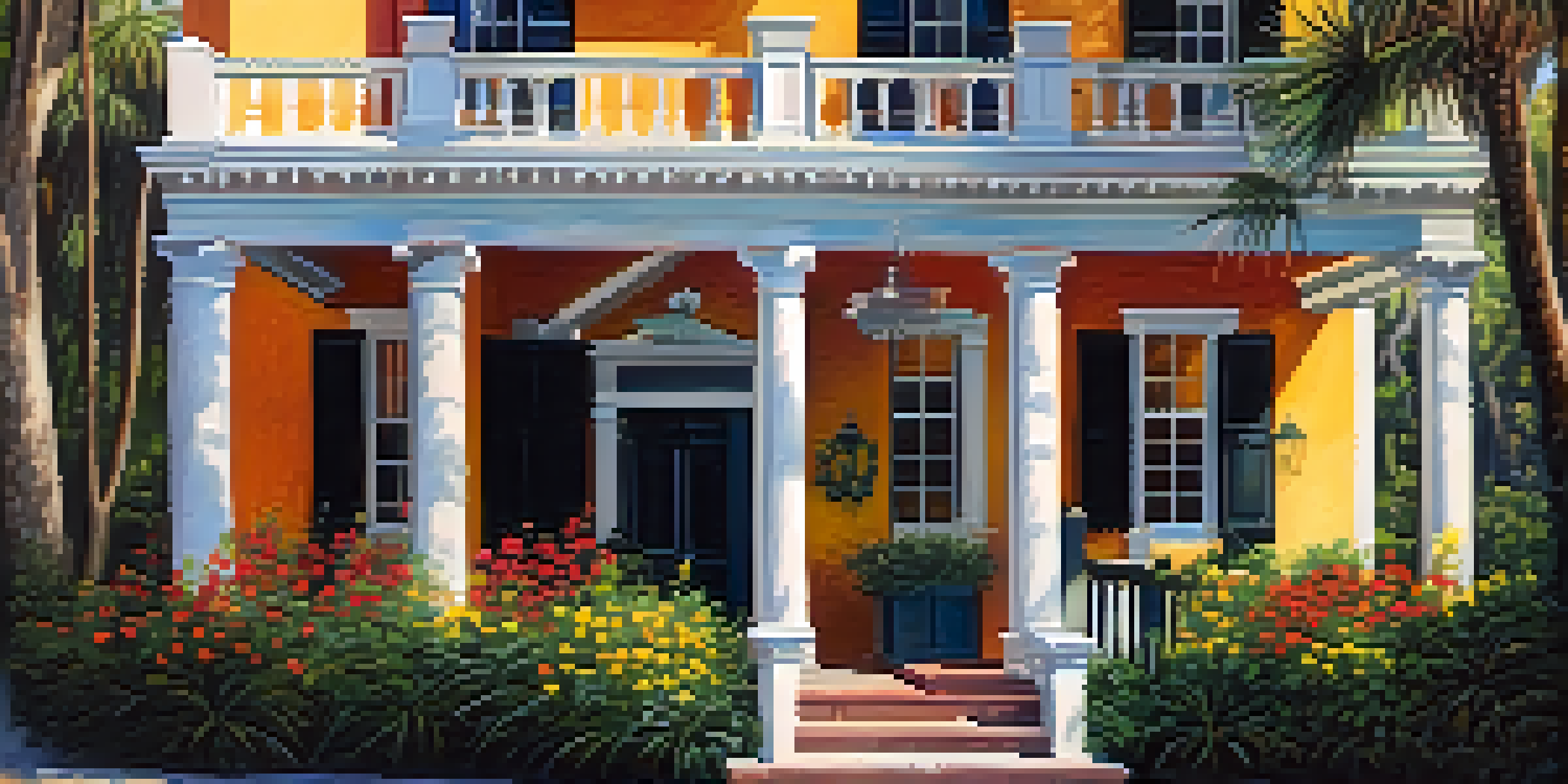 A restored historic building surrounded by colorful flowers and trees in St. Augustine, Florida, with sunlight shining on the facade.