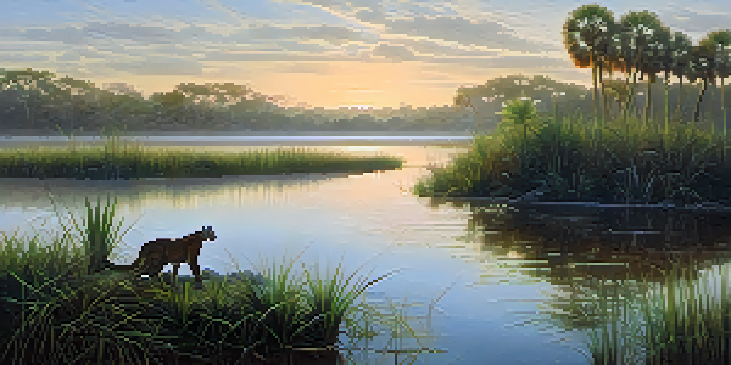 A Florida wetland at sunrise with a Florida panther resting on a rock, surrounded by greenery and mist over the water.