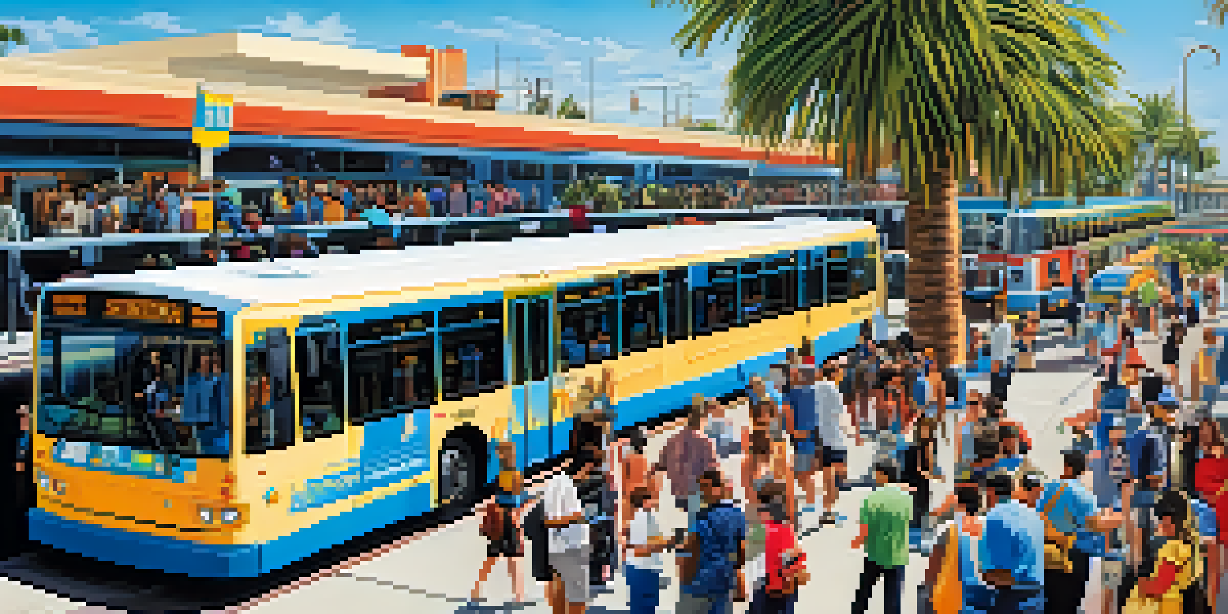 A busy public transit station in Florida filled with diverse people waiting for buses and trains, surrounded by palm trees and colorful advertisements.