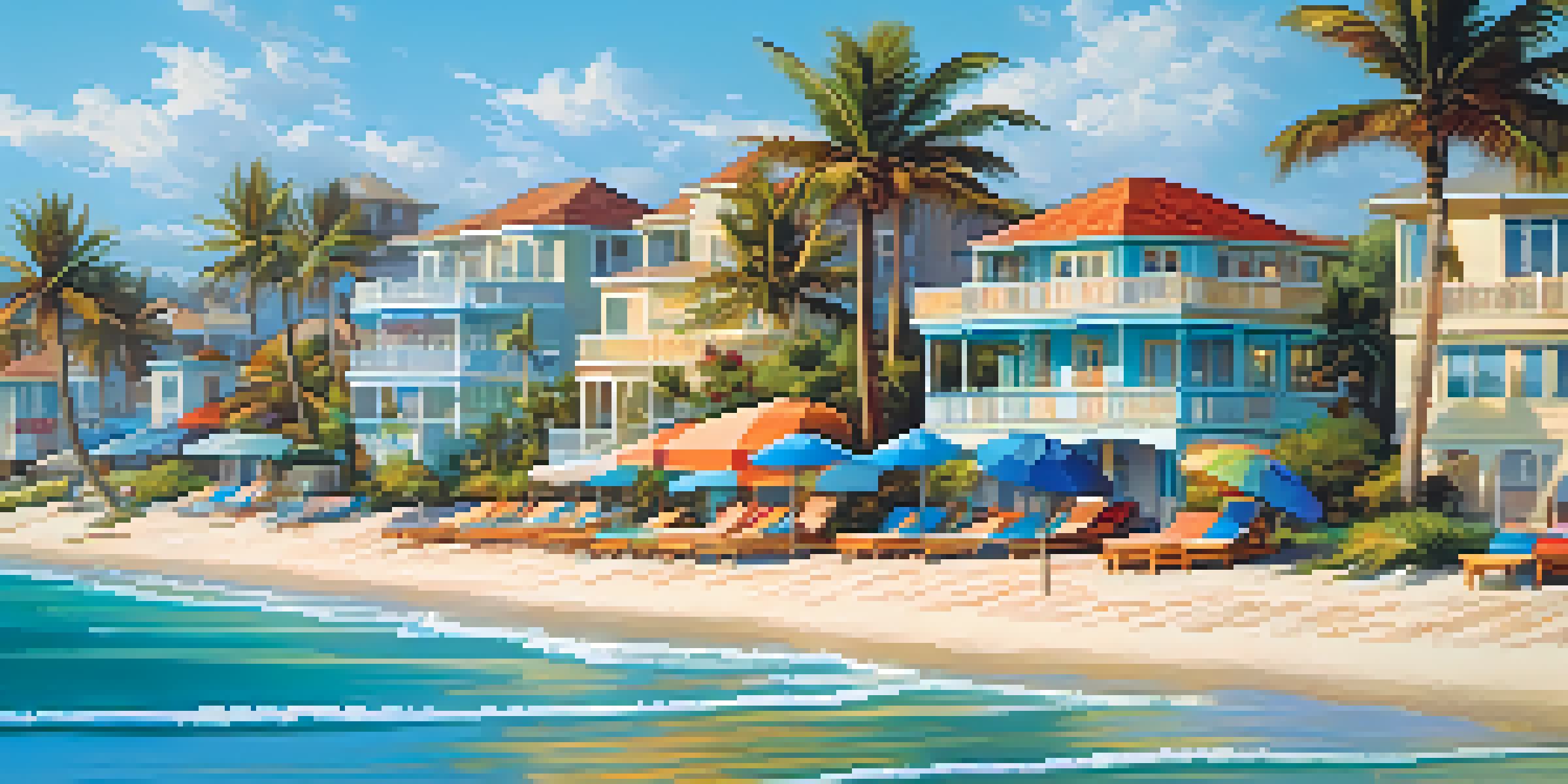 A sunny beachfront view with luxurious homes, palm trees, and turquoise waters.