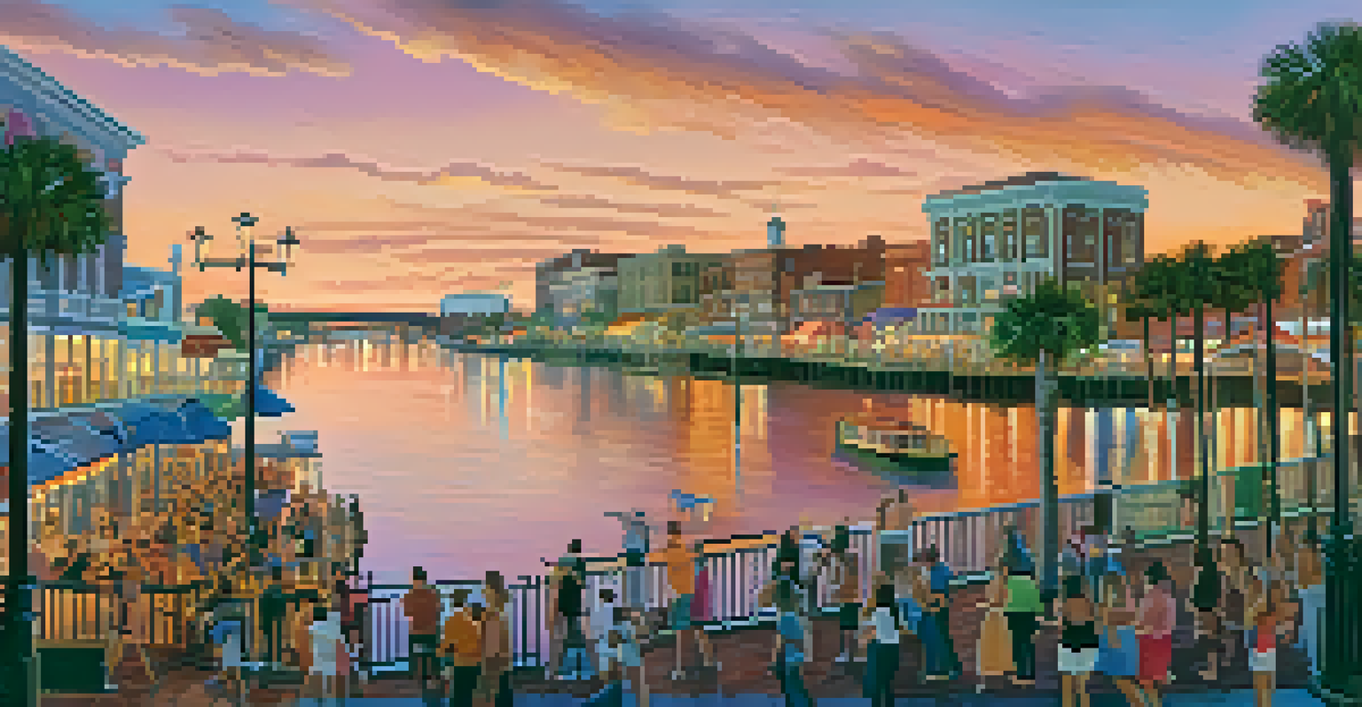 A sunset view of Tampa Bay with historic buildings and festivities in Ybor City, showcasing vibrant colors in the sky.