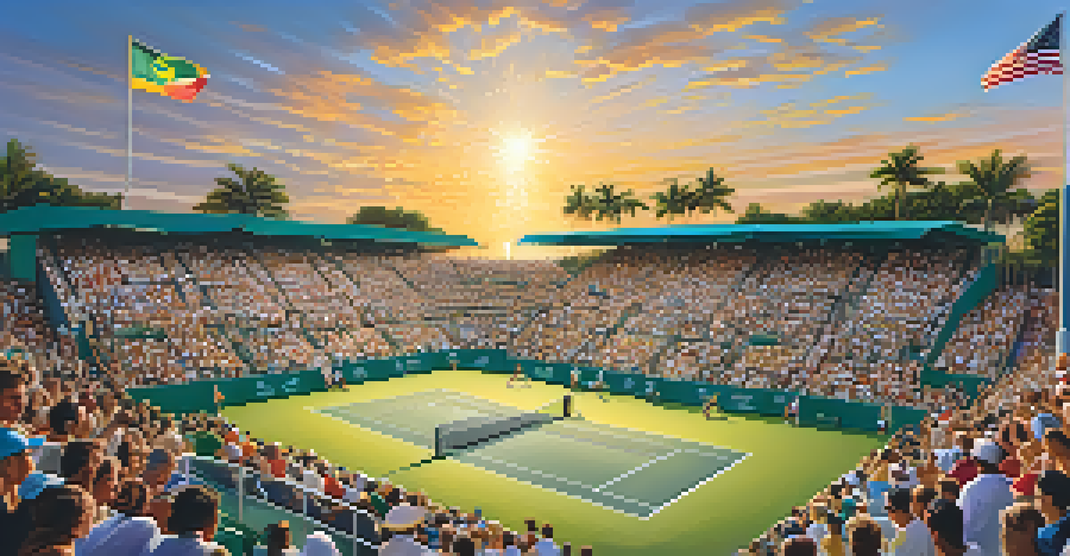 World-class athletes competing at the Miami Open, with a diverse crowd of enthusiastic fans in the stands and a sunset in the background.